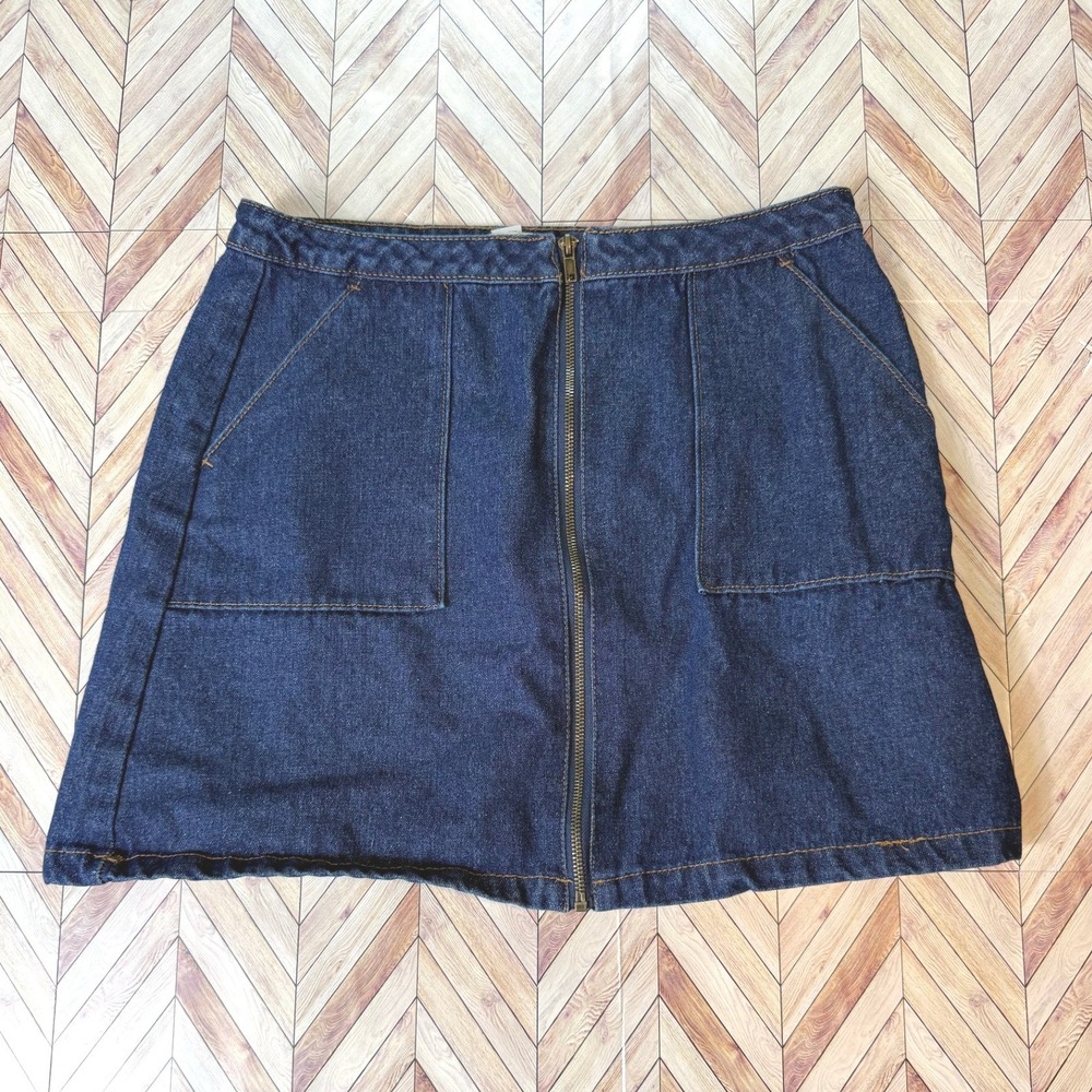 Y2K Refuge Womens Dark Wash Denim Mini Skirt Front Zip Patch Pockets Blue Size L